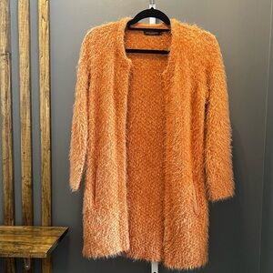 JOHN FASHION Fuzzy Eyelash Knit Open Front Cardigan – Burnt Orange – Size M